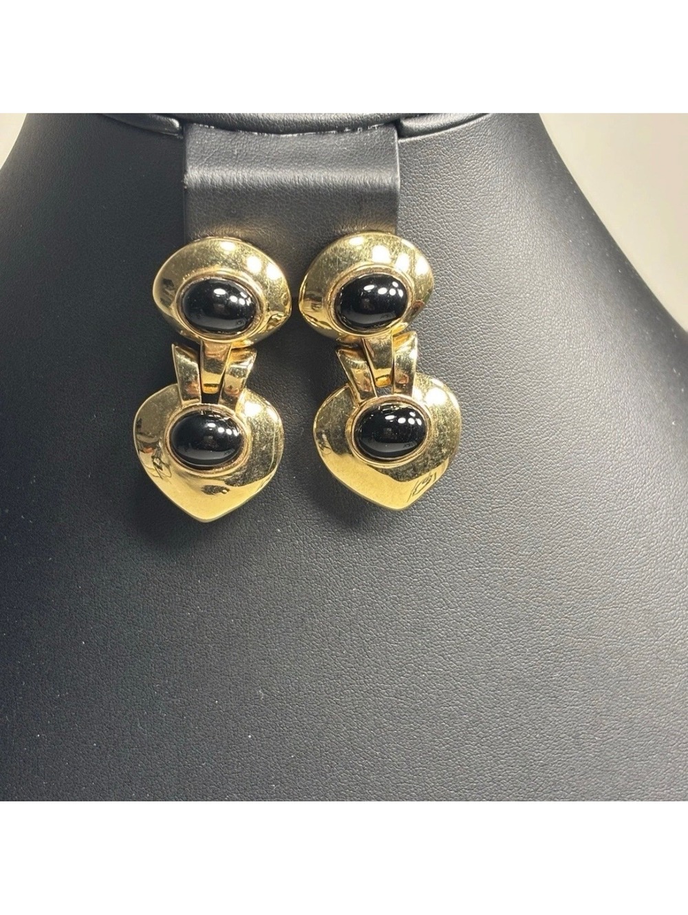 Vintage Ciner Gold Tone Black Cabochon Dangle Clip on Earrings